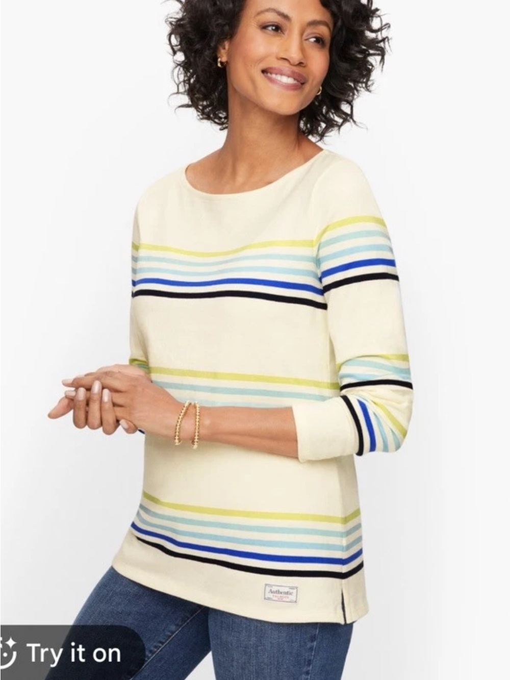 Talbots Authentic Tee 100% Cotton Cream Womens XLp Striped Boat Neck